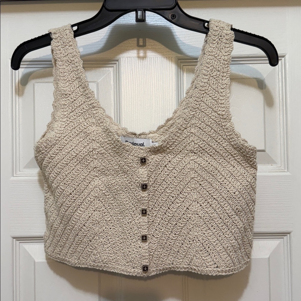 Desigual Crochet Knit Crop Tank Top XS Cream Boho Button Detail - Picture 2 of 5